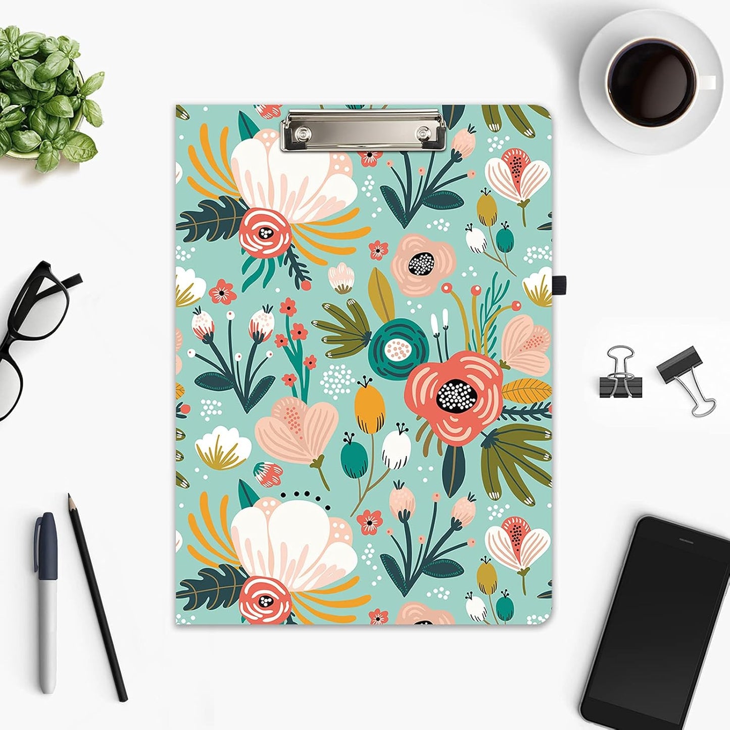 Hongri Clipboard Folio with Refillable Lined Notepad and Interior Storage Pocket for Students, Classroom, Office, Women, Man, Cute Custom Pattern, Size 12.8 x 9.2 in, Classic Flower