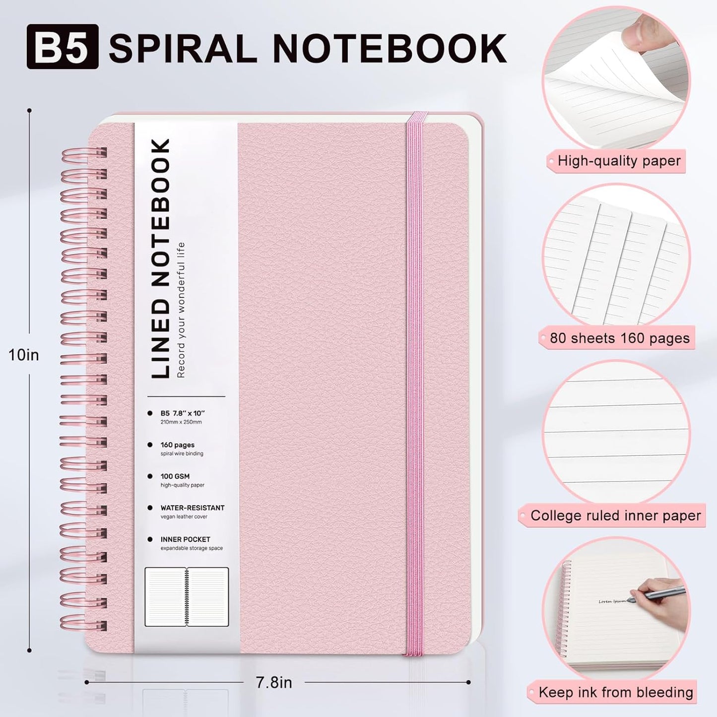 Lined Spiral Journal Notebook, A5 Hardcover Leather Notebook for Work, 5.7''×8.2'', 100GSM Thick Paper Spiral Bound Journaling Notebooks for Women & Men Office School Note Taking Business, Black