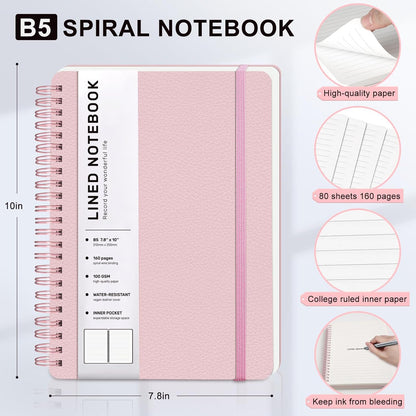 Lined Spiral Journal Notebook, A5 Hardcover Leather Notebook for Work, 5.7''×8.2'', 100GSM Thick Paper Spiral Bound Journaling Notebooks for Women & Men Office School Note Taking Business, Black