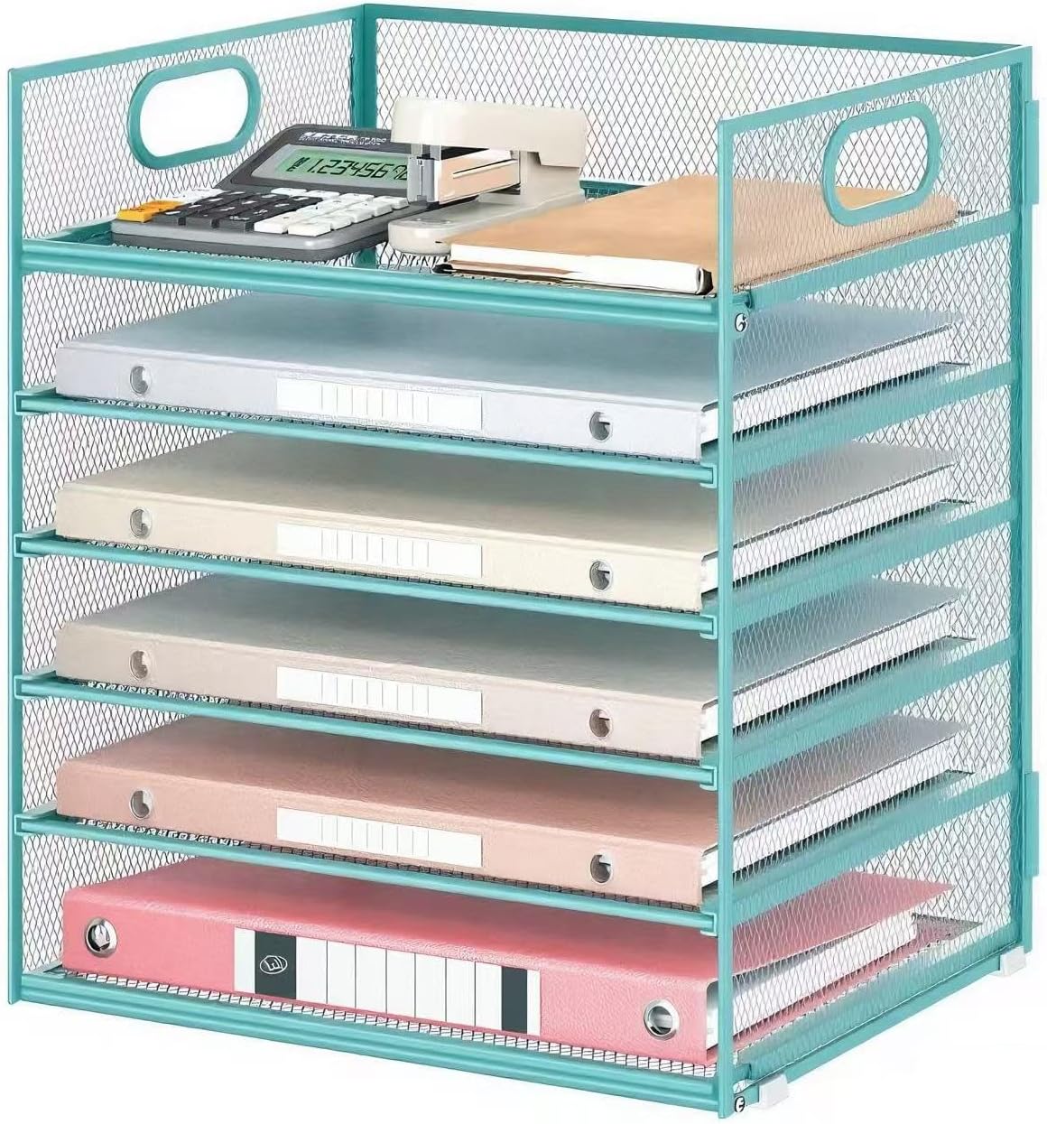 Lavatino 5 Tray Desk File Organizer, Black Mesh Paper Sorter Letter Tray Organizer with Handle, Desktop File Organizer and Storage for Letter/A4 Office File Folder