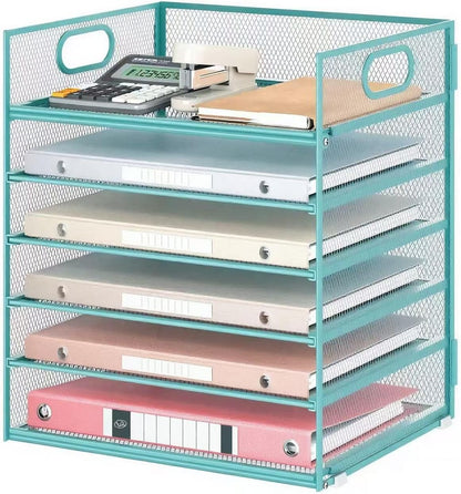 Lavatino 5 Tray Desk File Organizer, Black Mesh Paper Sorter Letter Tray Organizer with Handle, Desktop File Organizer and Storage for Letter/A4 Office File Folder