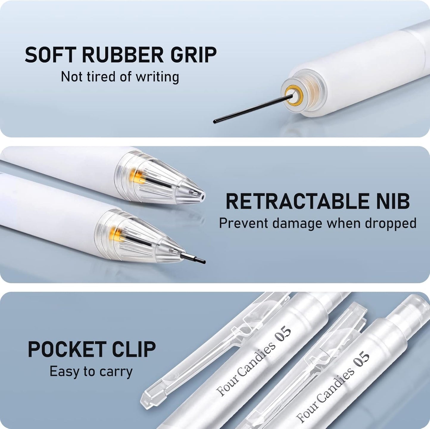 Four Candies Cute Mechanical Pencil Set with Case - 3PCS Pencils 0.7mm with 180PCS HB Lead Refills, 3PCS Erasers, 9PCS Eraser Refills, White Clear Mechanical Pencil for Students Drawing, Writing