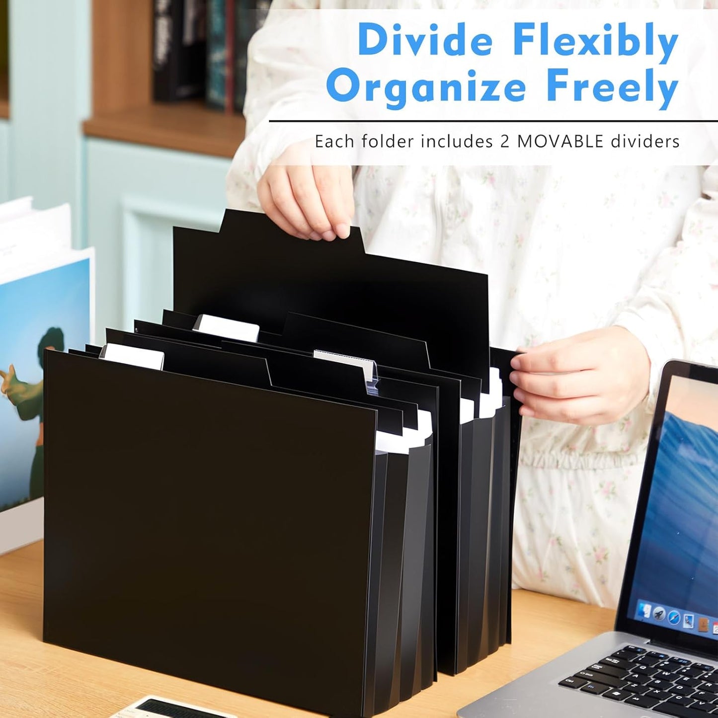 5 Pcs Plastic Extra Capacity Hanging File Folders, 5 Inch Expanding Pocket with Movable Dividers, Letter Size Black File Folders with Insertable Tabs for Filing Cabinet