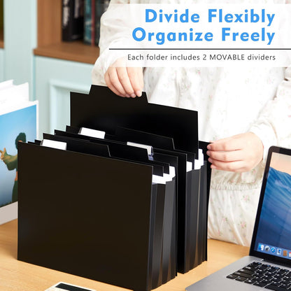 5 Pcs Plastic Extra Capacity Hanging File Folders, 5 Inch Expanding Pocket with Movable Dividers, Letter Size Black File Folders with Insertable Tabs for Filing Cabinet