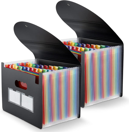 Expanding File Folder, 24 Pocket Accordion A4 Letter Size Portable Document Organizer with Colored Tabs, Expandable Bill Coupon Folder - Black