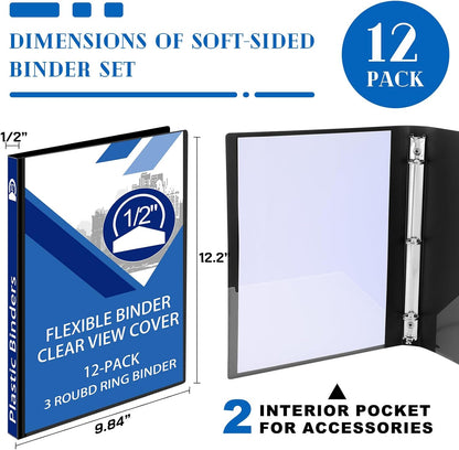 Fulmoon 12 Pcs Economy View 3 Ring Plastic Binder 12.2 x 9.8 Inch Plastic Round Ring Binders with Pockets Notebinder for Meetings for Home, Office, School(White, 1/2 Inch)