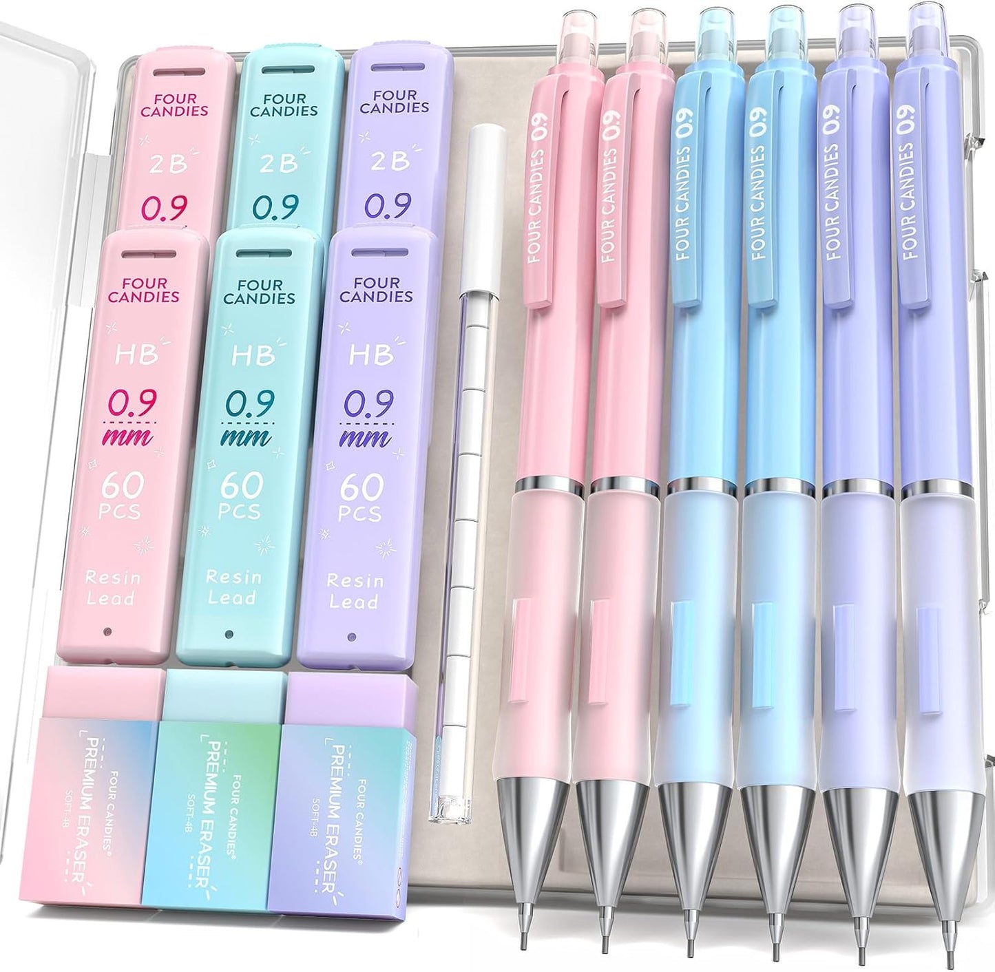 Four Candies Mechanical Pencil Set - 0.7mm (Medium Point), 6PCS Cute Pencils Mechanical with 360PCS (HB & 2B) Lead Refills & 12PCS Erasers & 1PCS Storage Case, Pastel Aesthetic Lead Pencils for School