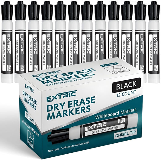 EXTRIC Black Dry Erase Markers, 12 Count Whiteboard Markers Chisel Tip, White Board Marker Dry Erase, Low Odor Chisel Tip Erasable Markers