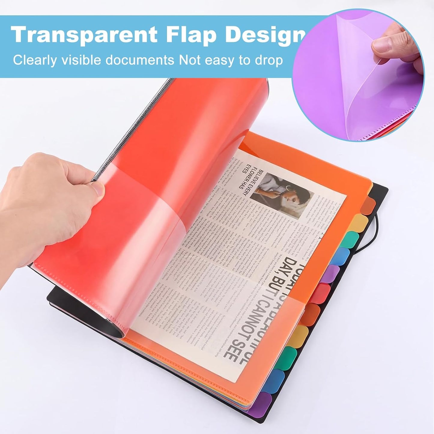 2 Pack Expanding File Folder with 12 Pockets: A4 Accordion Document Organizer with Elastic Closure & Rainbow Tabs, Portable PP Plastic File Holder for Office, School, Home