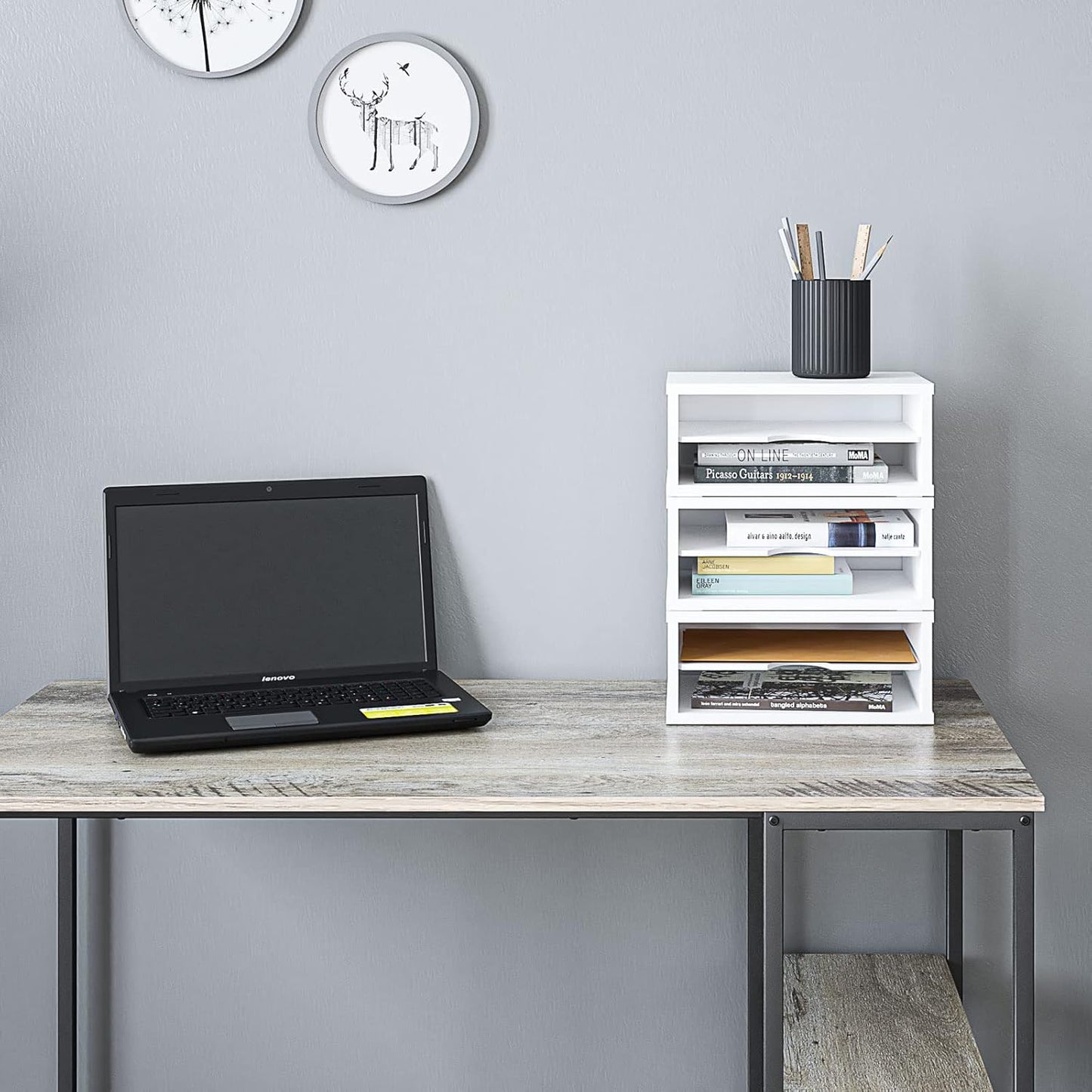 Ballucci File Organizer, 4-Tier Office Desk Organizer, Open Top Wood Paper Organizer for Classroom, Desktop Mail Sorter Paper Tray, Black
