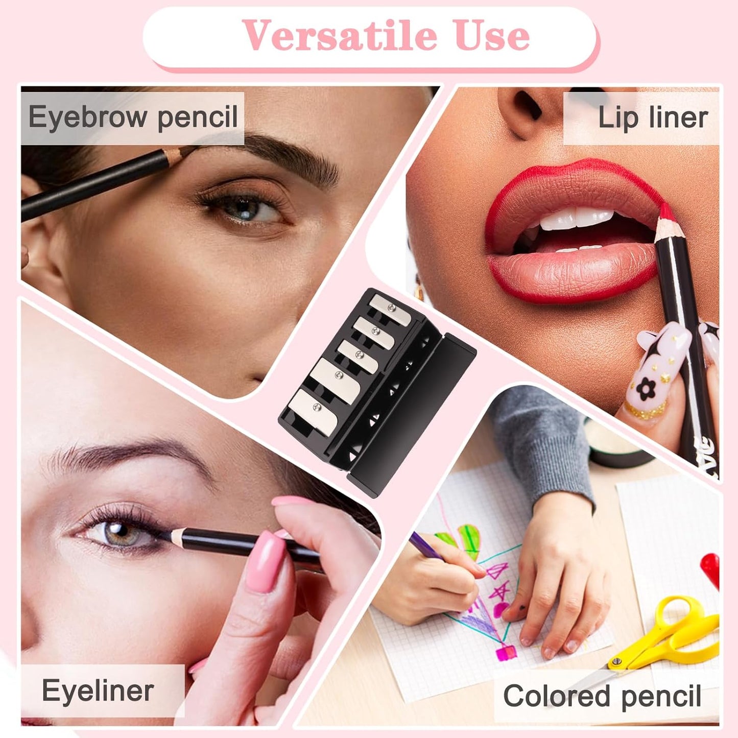2 Pcs 5 Hole Long Point Manual Makeup Pencil Sharpener with Plastic Lid, Suitable for Eyeliner, Lip Liner and Eyebrow Pencil, Sharpener for Makeup Pencils (Black+Pink)