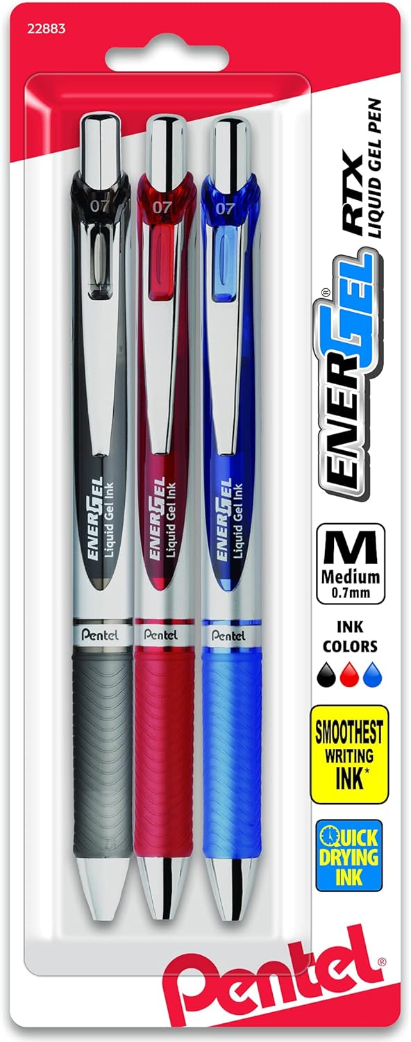 Pentel Pink BCA RTX Retractable Liquid Gel Pen, (0.7mm), Medium Line, Metal Tip, Violet Ink, Pack of 3 (BL77BP3V)