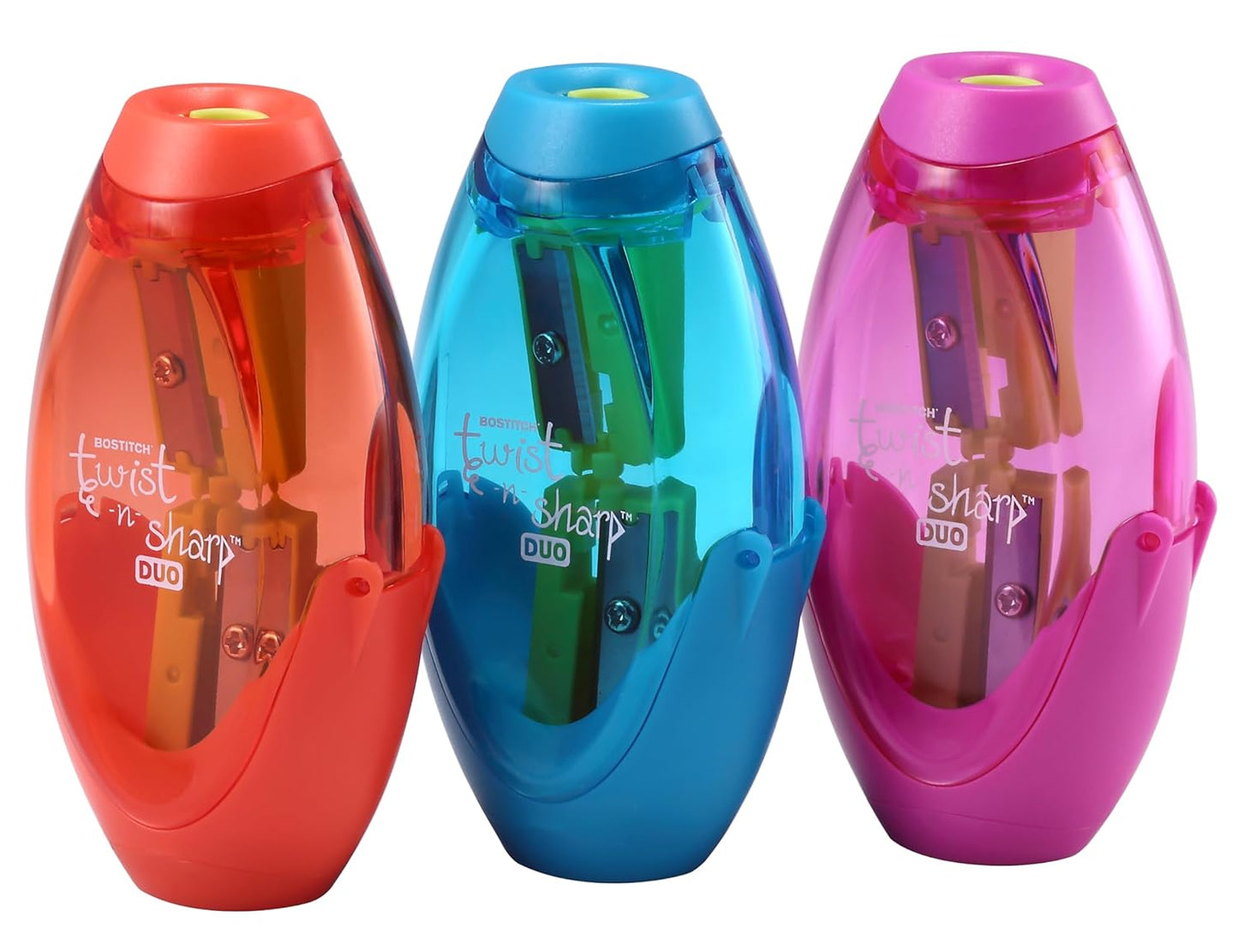 Bostitch Office Twist-N-Sharp Manual Pencil Sharpener, 2 Holes for Standard and Jumbo Pencils with Ratchet Technology, 1 Sharpener Random Color