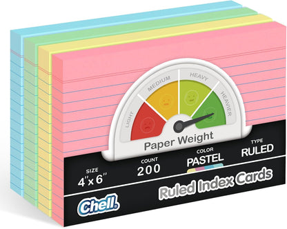 Chell Extra Heavyweight Index Cards 3x5 Inch, No Bleed-Through, 100 Count, Ruled Front and Blank Back, 80 lb. Cover Weight, Pastel Colors