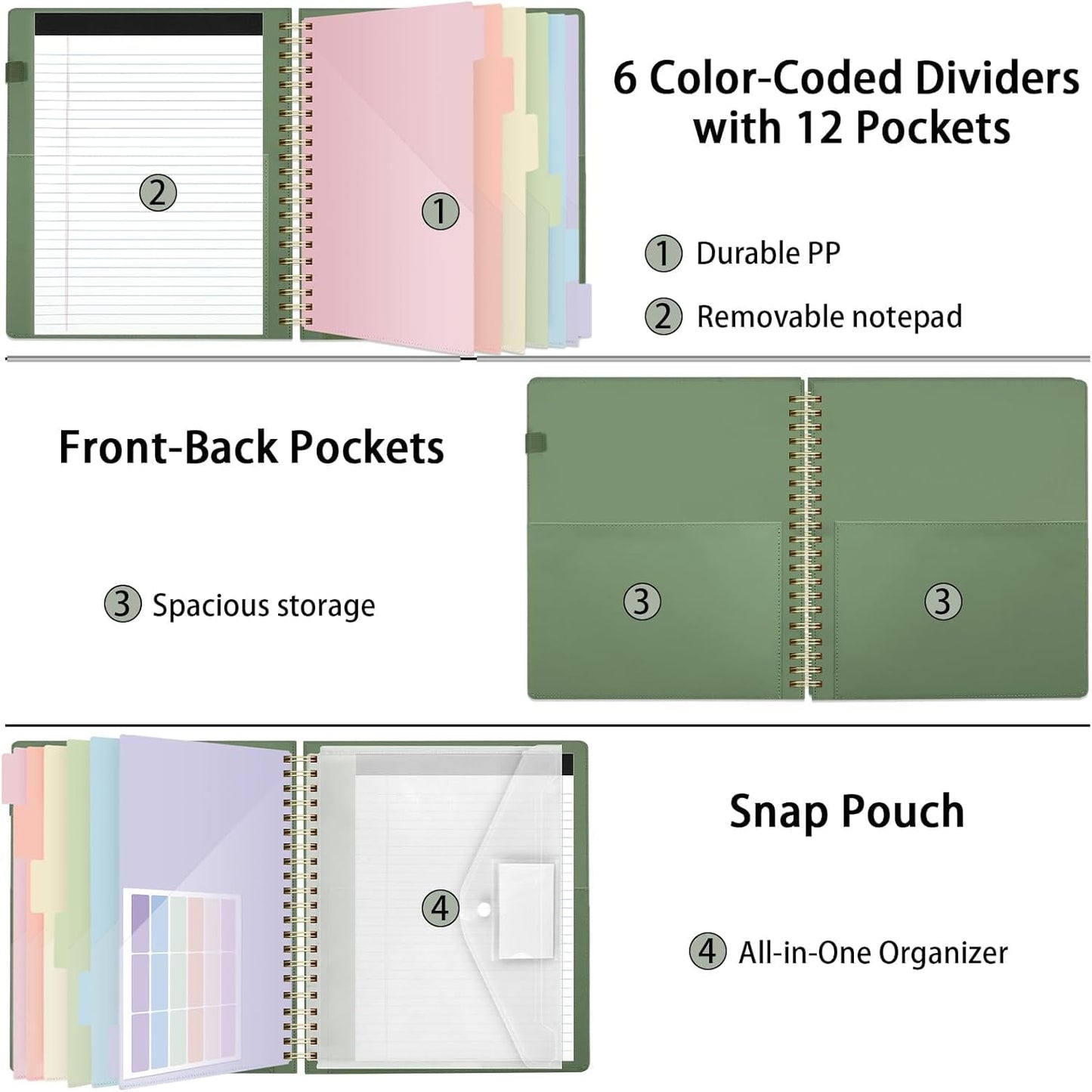 SKYDUE Clipboard Folder with Storage, 6 Dividers with 12 Pockets for Letter Size, Storage Clipboard Folio with Refillable Notepad, Spiral Clipboards Padfolio for Teacher Worker Nurse