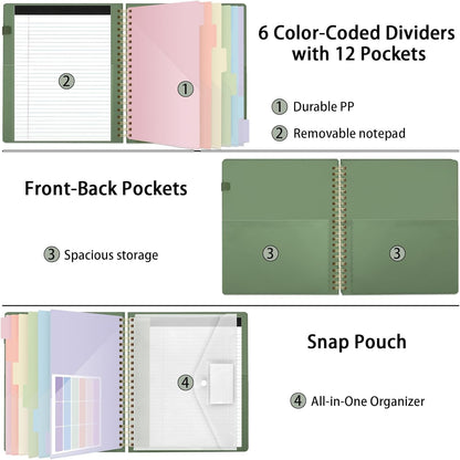 SKYDUE Clipboard Folder with Storage, 6 Dividers with 12 Pockets for Letter Size, Storage Clipboard Folio with Refillable Notepad, Spiral Clipboards Padfolio for Teacher Worker Nurse