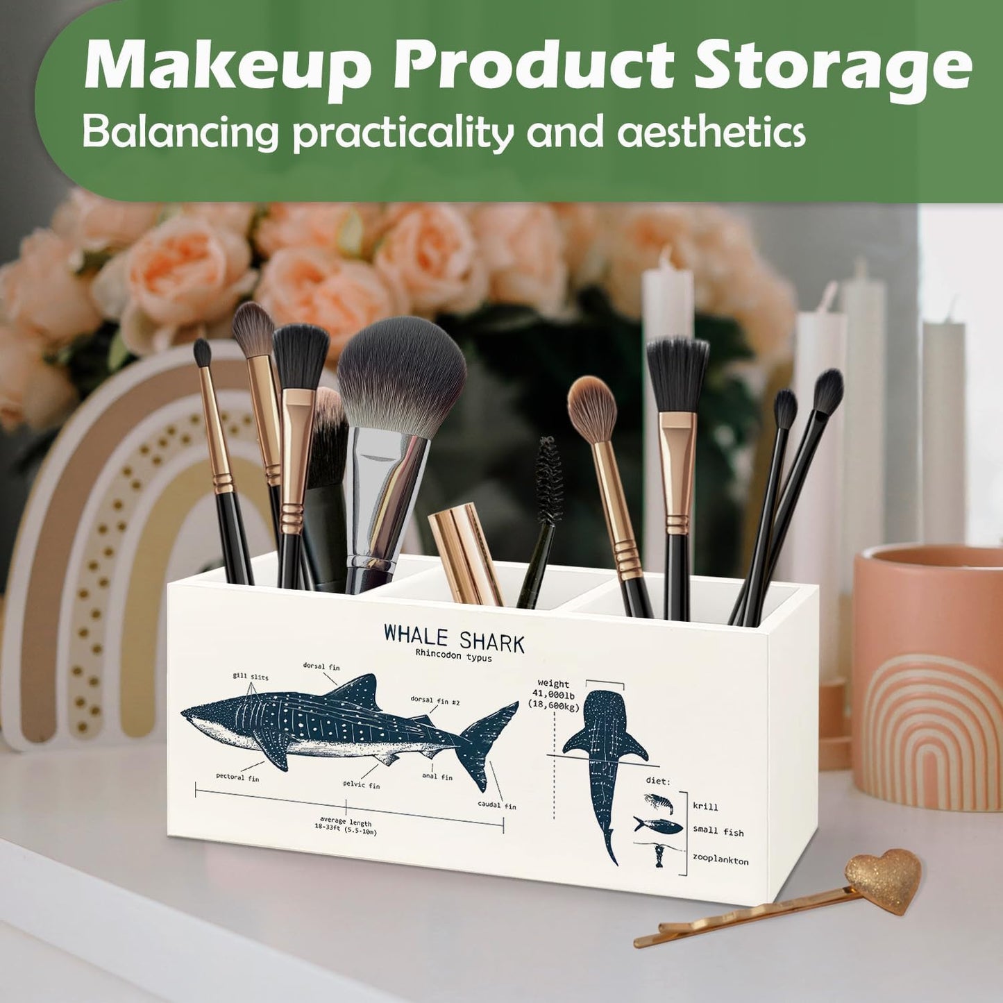 Killer Whale Gifts Wooden Pen Pencil Holder, Whale Shark Gifts for Ocean Lovers, Marine Biology Wooden Makeup Brush Organizer