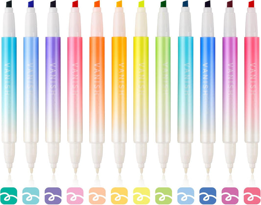 HANKU Erasable Highlighters Assorted Colors 12 Pack, Dual Tip Erasable Markers Pens, Chisel Tip Smooth Writing Highlighters Journaling Supplies Planner Accessaries