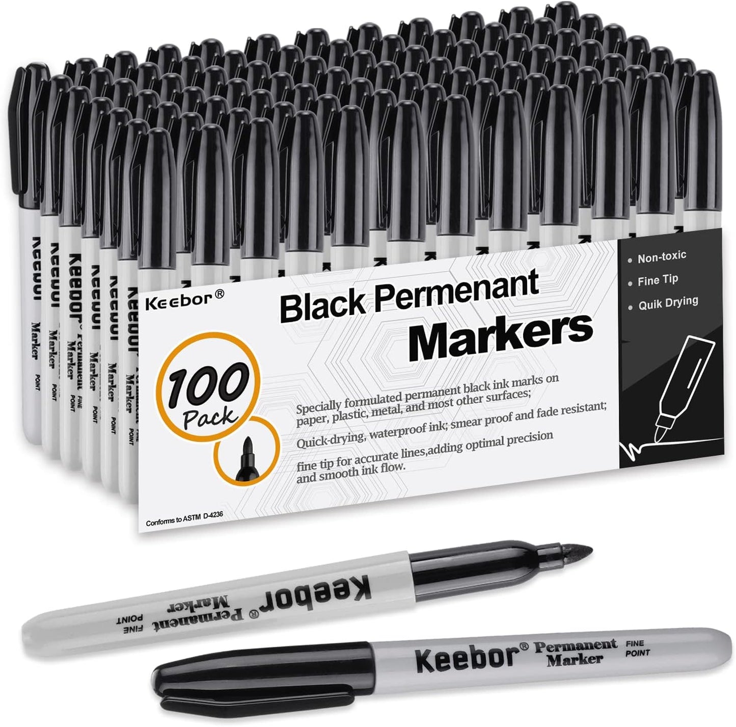 Keebor Permanent Markers Bulk, 60 Pack Black Permanent Markers, Quick Drying & Fade Resistant, Fine Point Marker Set for Wood, Plastic, Paper, Metal