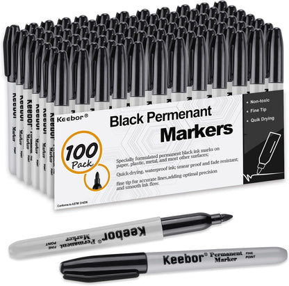 Keebor Permanent Markers Bulk, 60 Pack Black Permanent Markers, Quick Drying & Fade Resistant, Fine Point Marker Set for Wood, Plastic, Paper, Metal