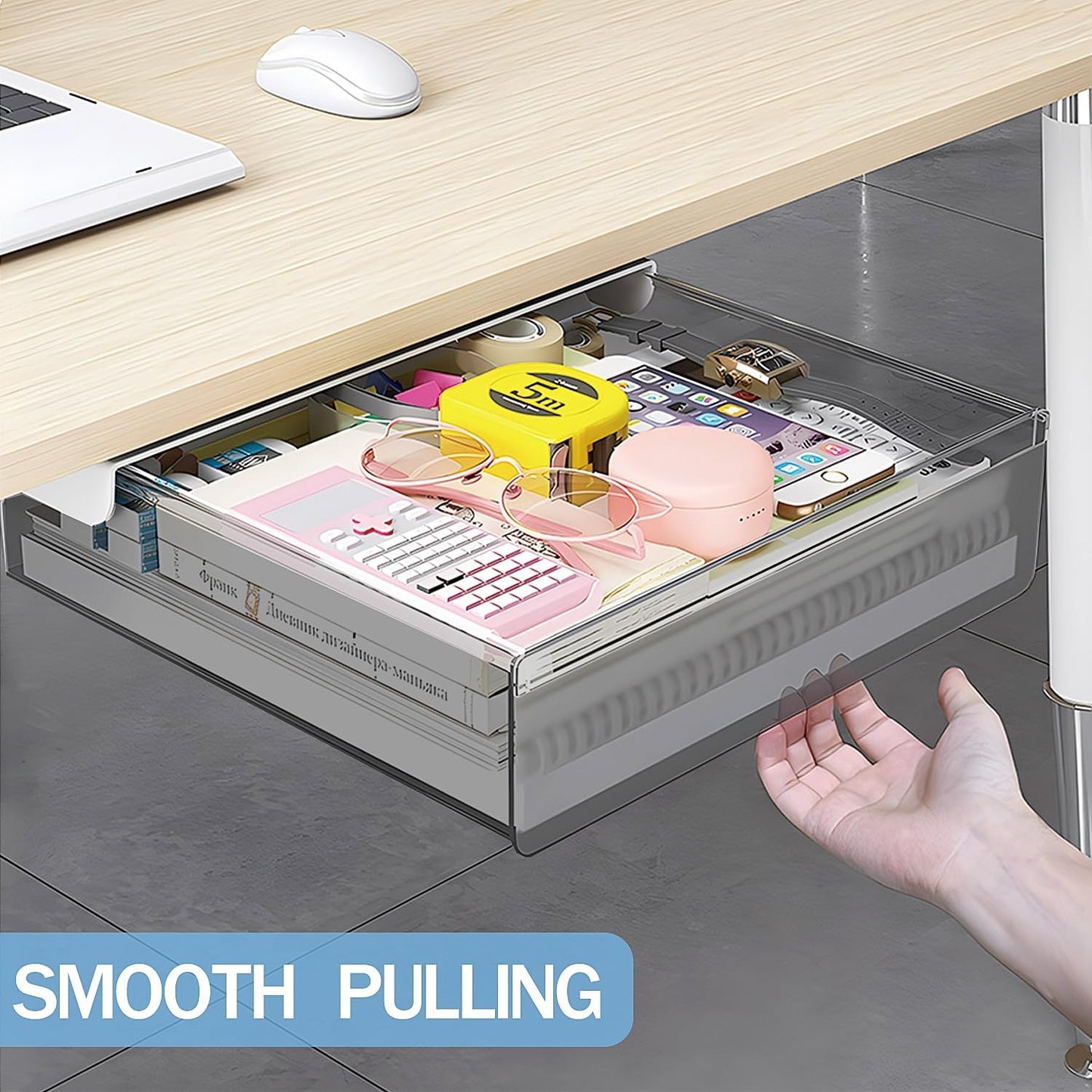 SVNNELP Under Desk Table Drawer Storage Organizer Slide Out, Attachable Hidden Self-Adhesive Under Desk Pencil Tray Drawer for Office/Classroom/Home (Clear Black/M)