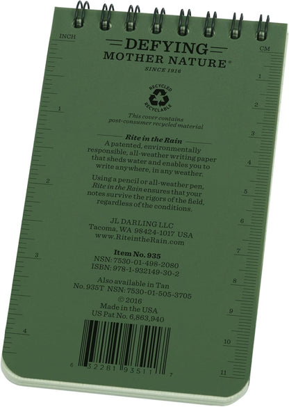 Rite in the Rain Weatherproof Top Spiral Notebook, 3" x 5", Black Cover, Universal Pattern, 3 Pack (No. 735-3X)