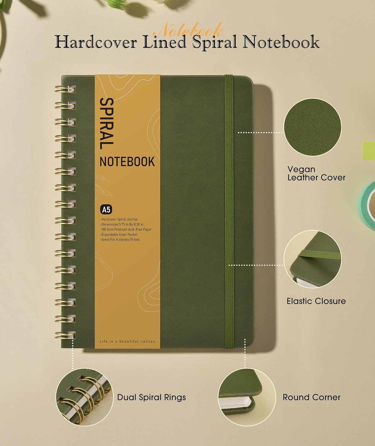 Lined Spiral Journal Notebook, A5 Hardcover Spiral Journals for Women Men, 150 Numbered Pages Spiral Bound Notebook, 100 GSM College Ruled Notebooks for Work, Note Taking 5.75" x 8.38", Olive Green