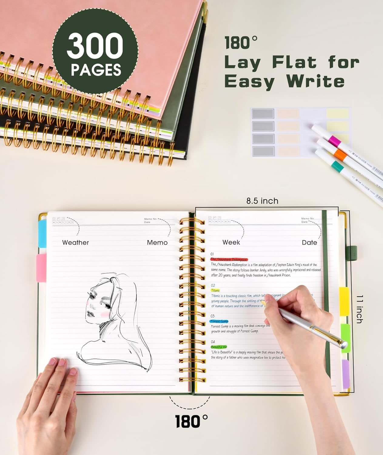 Hardcover Spiral Notebook Journal with Removable Dividers Tabs, 300 Pages Leather 5 Subject Notebook College Ruled, 8"x10" Large B5 Notebooks for Work School Note taking, Lined Journal for Women, Pink