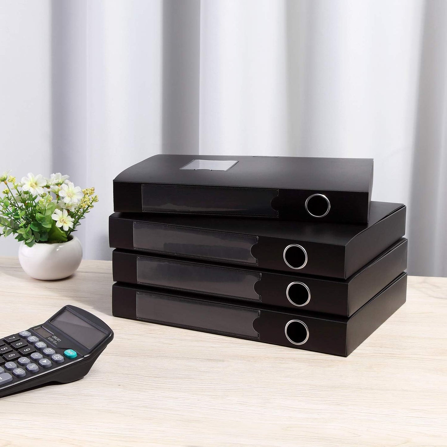 HUA JIE A4 Storage File Boxes Plastic Archives Cases with Lid, File Folder Organizer Document Filing Box for office,31×7.5×23.5 cm, Black(Pack of 4)