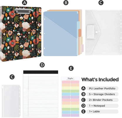SKYDUE 1 Inch 3-Ring Binder with Clipboard, PU Aesthetic Binder with 5 Dividers, Notepad, Stickers & Pockets for Work and School (Letter Size)