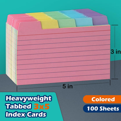 100 Pack Tabbed Index Cards 4x6 Lined Index Card Dividers with Tabs 4" x 6", Colored, 220 GSM Thick Paper