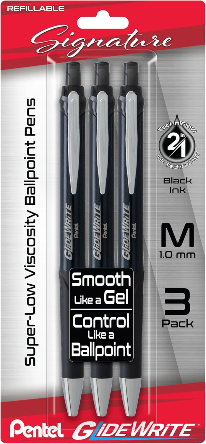 Pentel Glidewrite Signature Ballpoint Pen, (1.0mm) Medium, White Barrel, Blue Ink, Pack of 3 (BX930WBP3C)