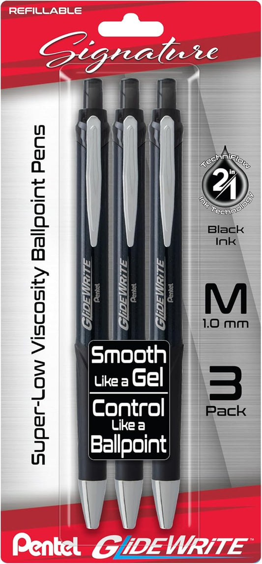 Pentel Glidewrite Signature Ballpoint Pen, (1.0mm) Medium, White Barrel, Blue Ink, Pack of 3 (BX930WBP3C)