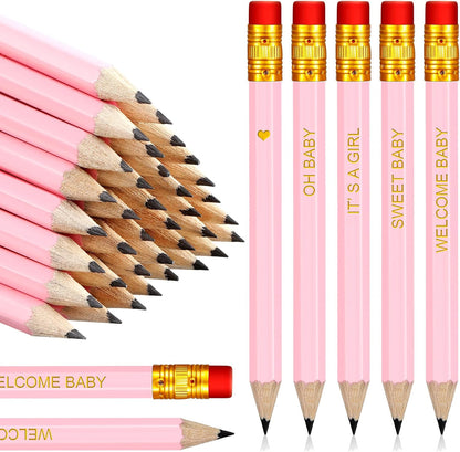 Crtiin 50 Pieces Baby Shower Pencils for Activities Mini Golf Half Pencils, Presharpened with Erasers, 4 Inch(Wood Color,Simple Style)
