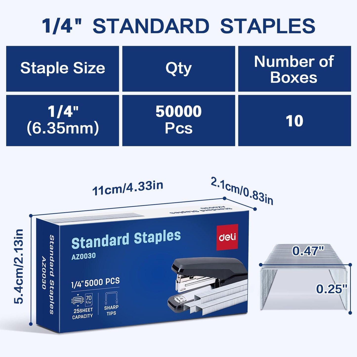 Deli Staples, 10000 Staples, Standard Staple for Desktop Staplers, 1/4'' Length, 210/Strip, 2 Boxes of 5000 Each