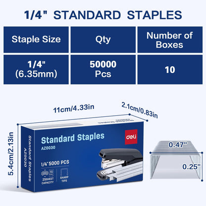 Deli Staples, 10000 Staples, Standard Staple for Desktop Staplers, 1/4'' Length, 210/Strip, 2 Boxes of 5000 Each