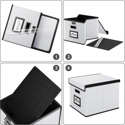 Huolewa Upgraded Portable File Organizer Box with Lid, Collapsible Linen Hanging Filing Storage Boxes with Plastic Slides, Decorative Home/Office Filing System Box for File and Folders Storage (Gray)
