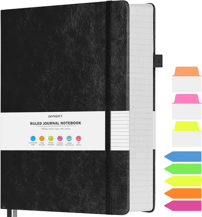 Lined Journal Notebook, Large A5 College Ruled Notebook, 312 Numbered Pages Work Notebook with Index Stickers, 100gsm Thick Paper, Hardcover Vegan Leather Journal for Women Men School Office, Black