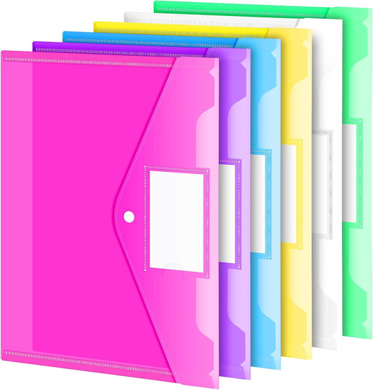 Sooez 12 Pack Folders Plastic Envelopes with Snap Closure, Clear Plastic File Folder for Document, Letter A4 Size Poly File Envelopes with Label Pocket for Home Work Office Organizer, 5 Colors