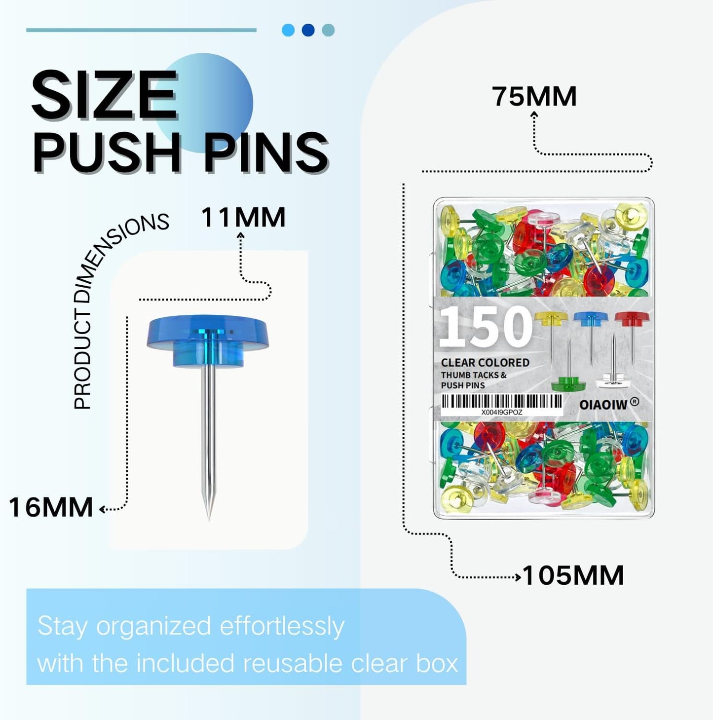 150 PCS Clear Push Pins Tacks Count in Reusable Box for Bulletin Boards and Wall Displays Heavy Duty Plastic Head