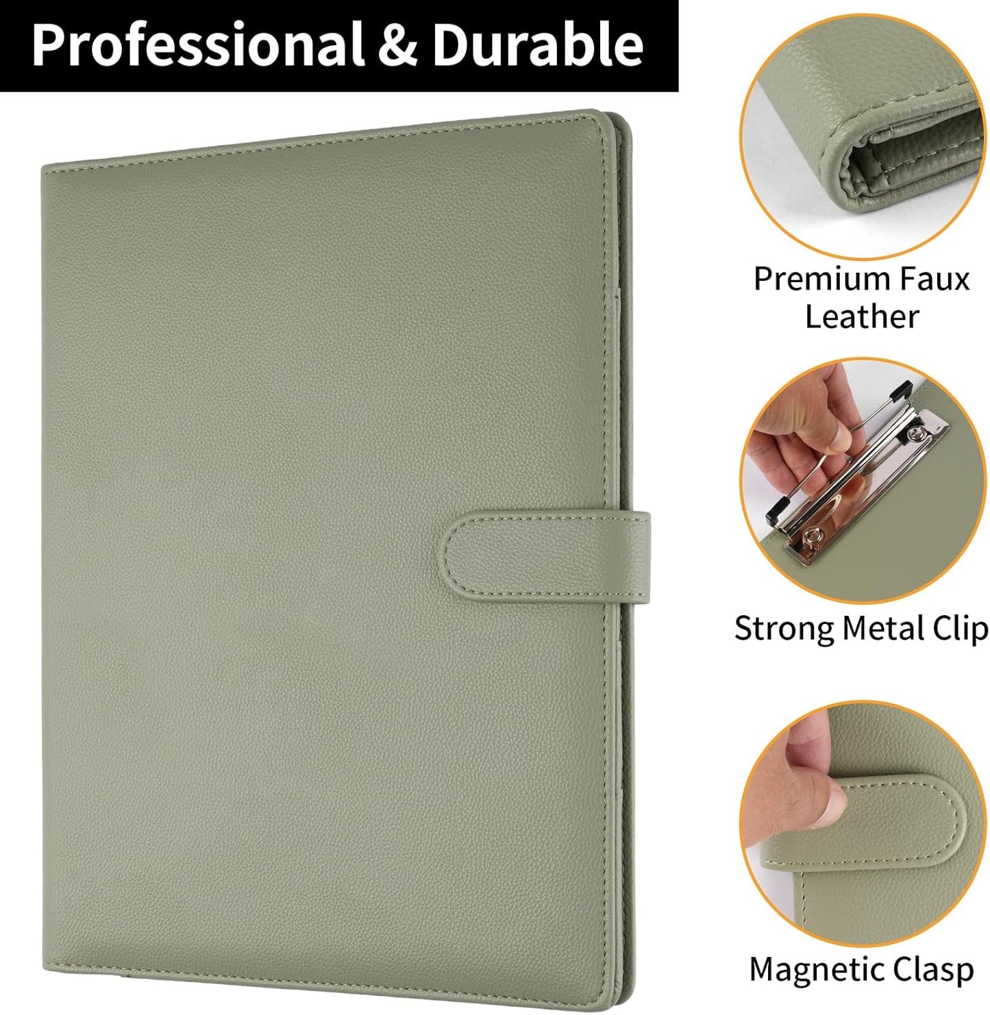 Professional Padfolio with Clipboard, Faux Leather Portfolio Folder Binder, Legal Pad Holder for A4 Letter Size Notepad, Resume, Writing Pad, Ideal Organizer for Business Office Conference, Black