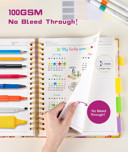 Hardcover Spiral Notebook Journal with Removable Dividers Tabs, 300 Pages Leather 5 Subject Notebook College Ruled, 8"x10" Large B5 Notebooks for Work School Note taking, Lined Journal for Women, Pink