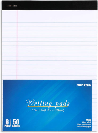Mintra Office White Legal Pads – Ruled Notepads and Micro-Perforated Sheets, Ideal for Writing, Note-Taking & Creativity, Office, or Professional Use, Basic Pad 6 pack, 8.5"x11" (Narrow Ruled)