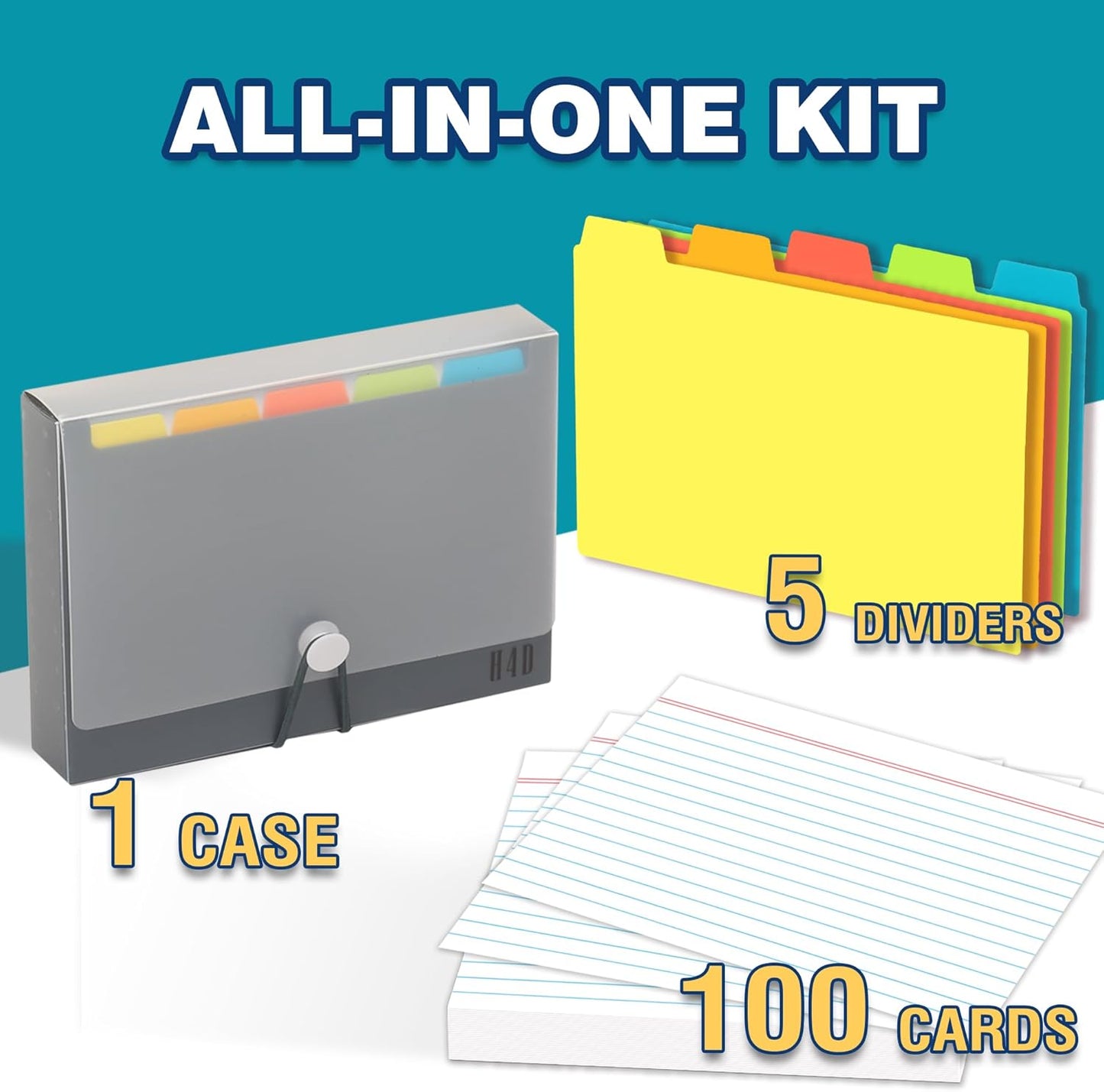 H4D 3x5 Index Card Case with 100 Heavyweight Ruled Index Cards and Dividers, Black