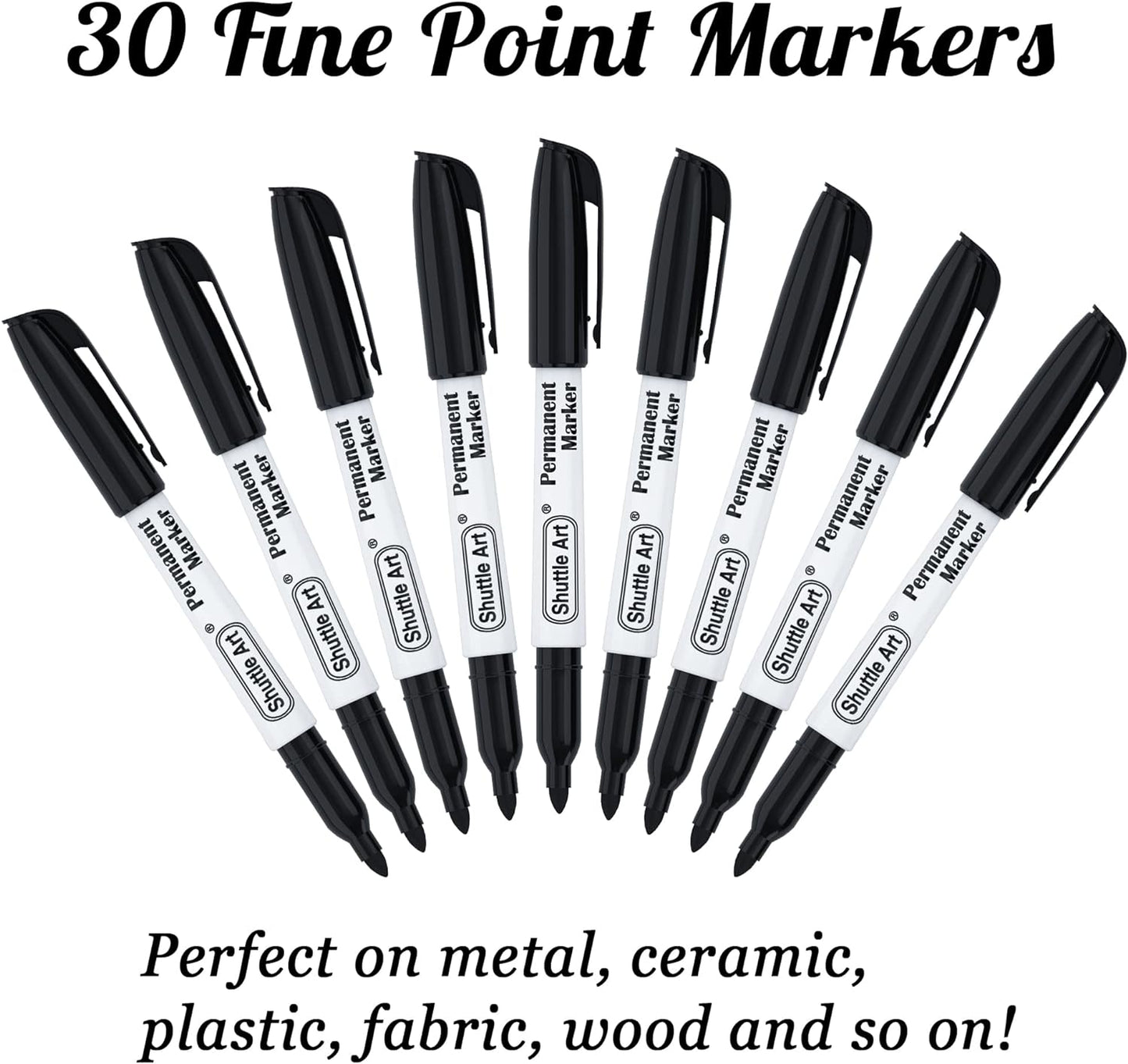 Shuttle Art Permanent Markers, 30 Pack Black Permanent Marker set, Fine Point, Works on Plastic, Wood, Stone, Metal and Glass for Doodling, Marking