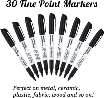 Shuttle Art Permanent Markers, 30 Pack Black Permanent Marker set, Fine Point, Works on Plastic, Wood, Stone, Metal and Glass for Doodling, Marking