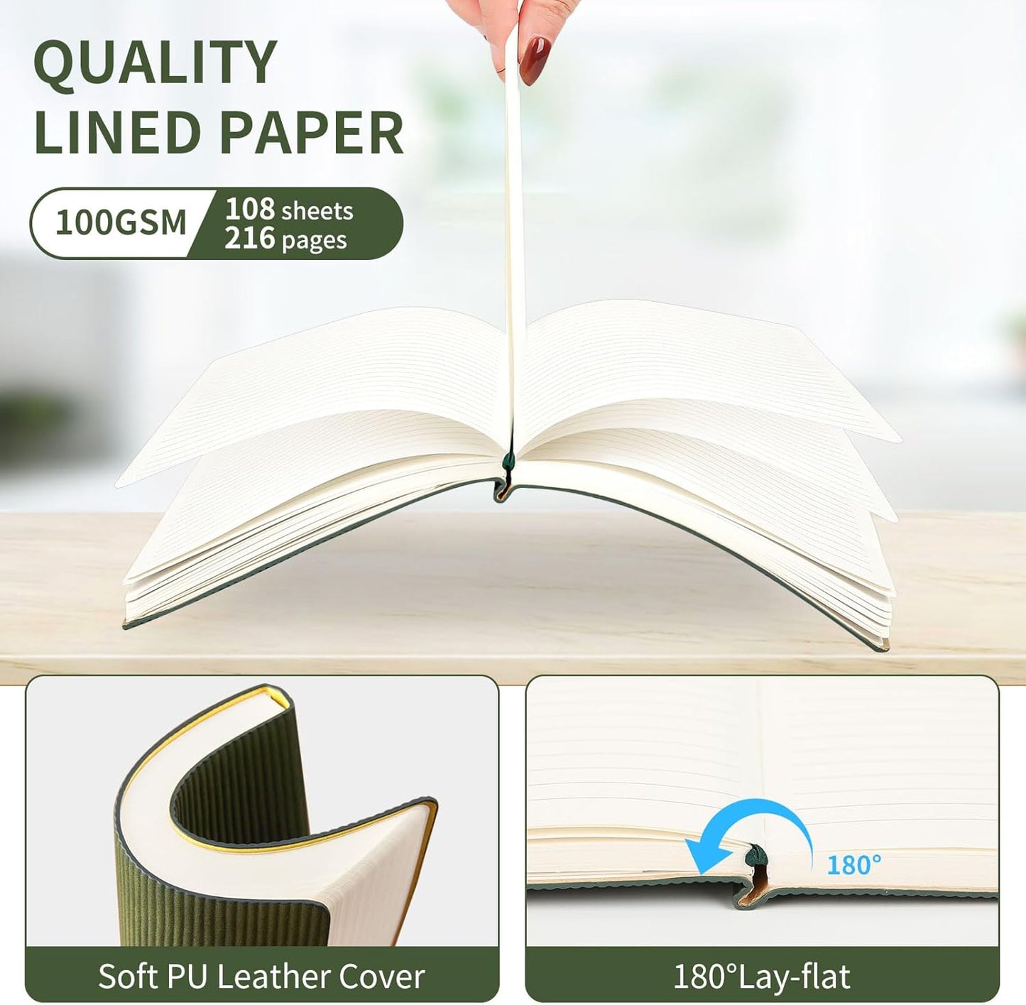 Lined Journal Notebook for Work College Ruled Note Book 5.79"x8.27"A5 PU Leather Daily Journaling 216 Pages for Women Men Writing Home School Supplies Business (Dark Green)