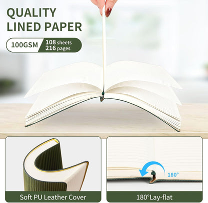 Lined Journal Notebook for Work College Ruled Note Book 5.79"x8.27"A5 PU Leather Daily Journaling 216 Pages for Women Men Writing Home School Supplies Business (Dark Green)