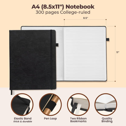 Classic Lined Journal Notebook 8.5x11" A4 Hardcover Leather - Brown - 200 Pages College Ruled Large with Sticky Tabs, Pockets, and Pen Loop for Writing and Journaling - Big Hardback Men and Women