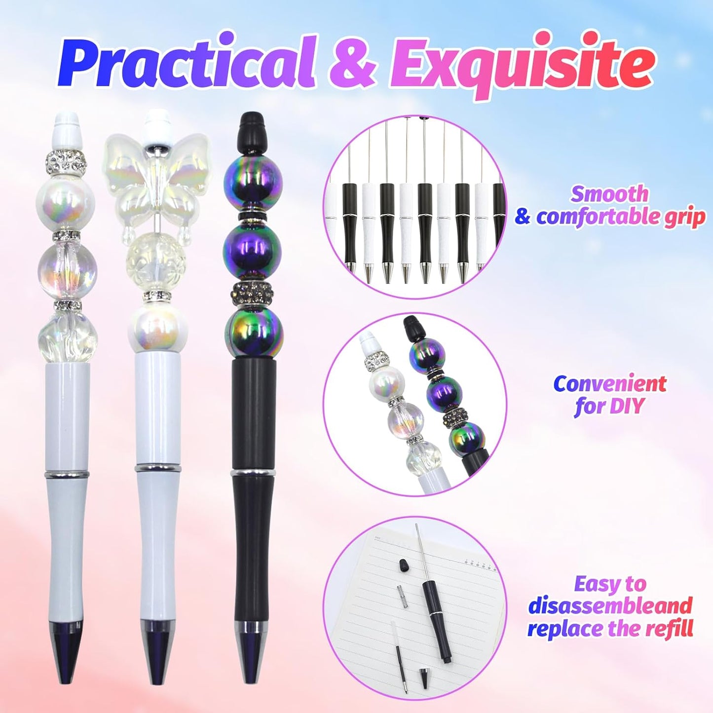 150 Pieces DIY Beadable Pen Kit – 50 Plastic Ballpoint Pens with Refills & Bags, Beads Not Included – School Supplies, Office Accessories & Craft Gifts for Students & Teachers (Multicolor)